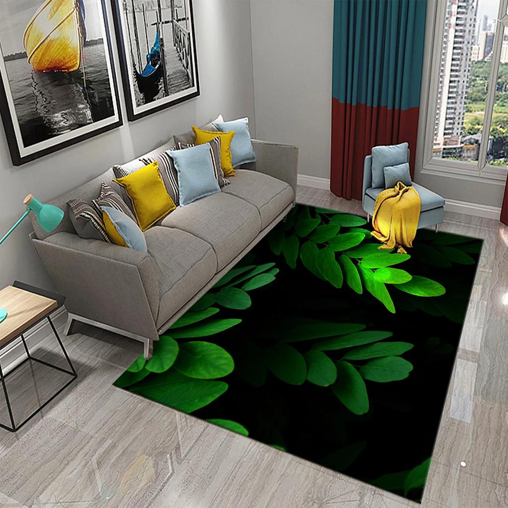 Green Leaves Carpet Natural Landscape Rug Black Rectangle Area Rugs for Adults Yoga Mats Bedroom Living Room Decor Soft Door Mat