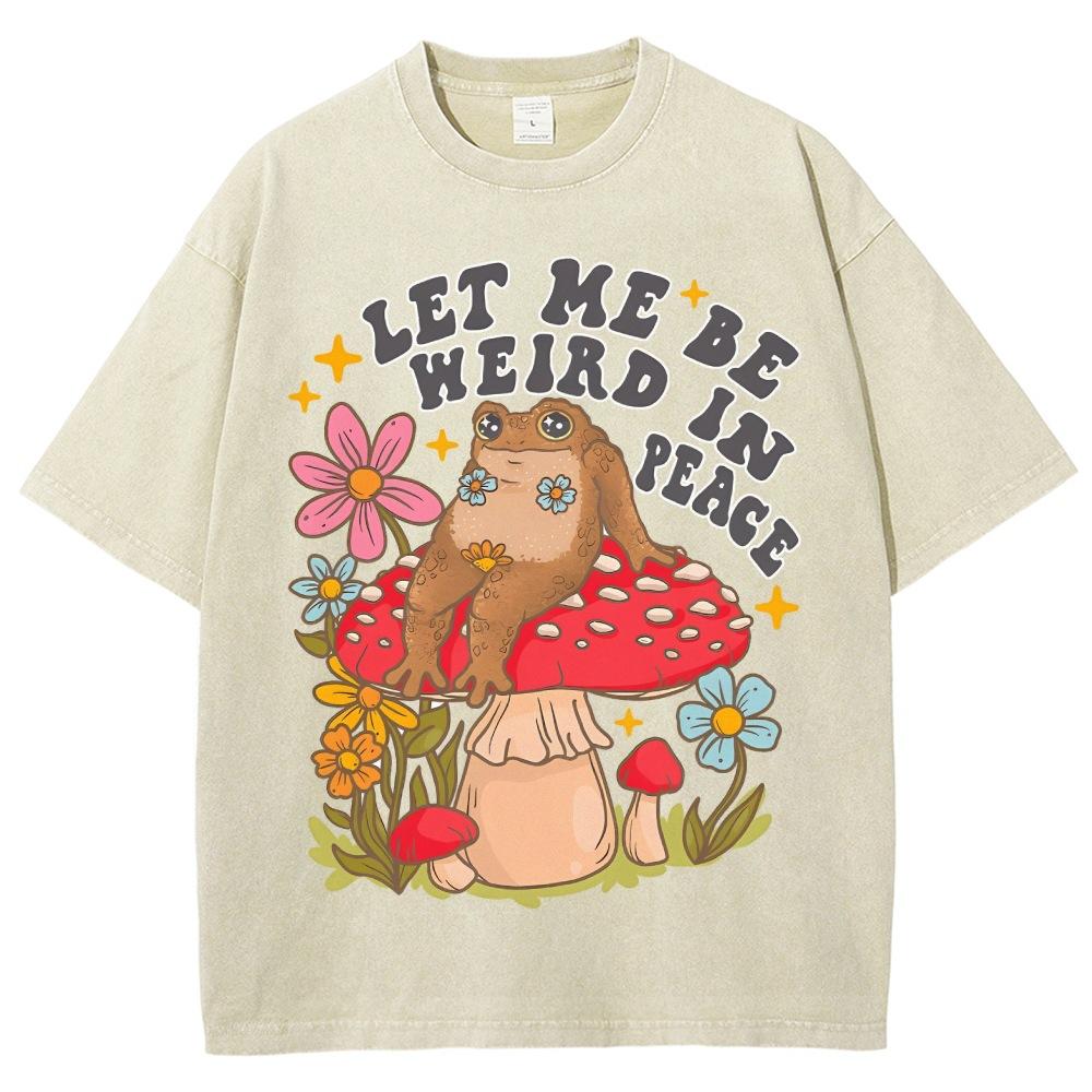 Lazy Cute Frog Mushroom Flower Print T-Shirt Retro Washed De