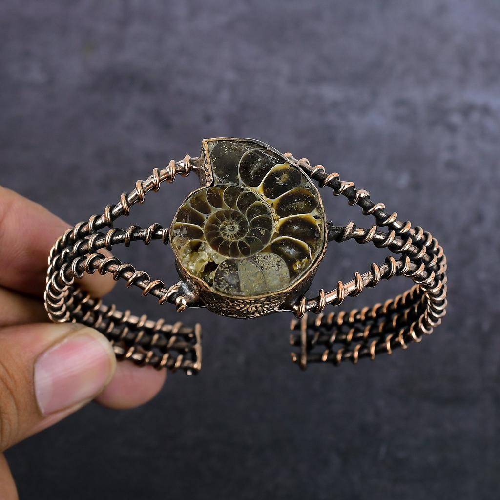 Natural Ammonite Fossil Gemstone Copper Wire Wrap Cuff Bangle Adjustable U1l28