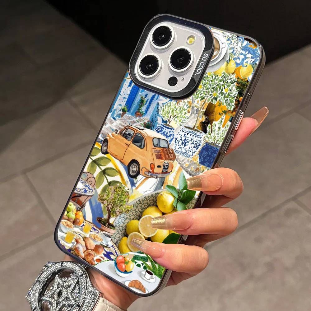 E-European A-Amalfi Coast L-LemonS  Phone Case For iPhone 17,16,15,14,13,12,11Plus,Pro Max,XS,Colored Silver Plated Inside Cover