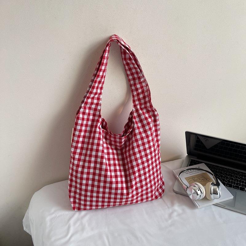 Japanese retro red plaid canvas bag women's 2025 new lazy wind commuter tote bag student shoulder armpit bag