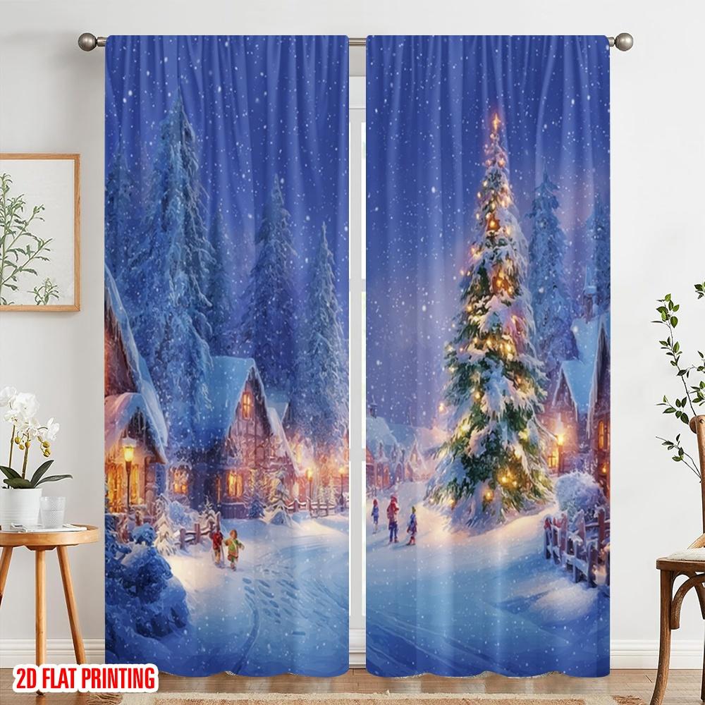 2Pcs,2D Plane Printing Pattern Curtains Christmas Tree Snow Scenery Versatile 100% Polyester (Without Rod) Versatile All Ldeal
