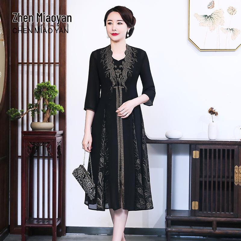 Chiffon Two-Piece Dress for Middle-Aged and Elderly Women - Stylish Mother's Spring/Summer Outfit