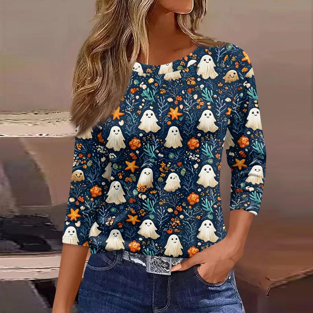 Women 3/4 Sleeve Casual Shirt Loose Fit Round Neck Halloween Print T Shirt Comfortable Lightweight Top for Everyday Wear