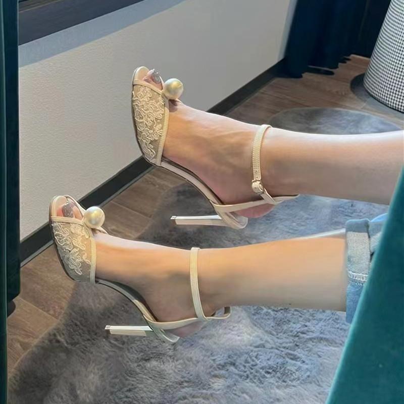 Summer Lace Mesh Pearls Peep Toe Women Sandals Sexy Ankle Strap High Heels Gladiator Sandals Ladies Party Dress Shoes