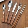 Japanese Korean Style Rosewood Handle Cutlery Set: 304 Stainless Steel Knife, Fork, and Spoon for Hotels and Restaurants