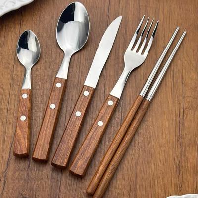 Japanese Korean Style Rosewood Handle Cutlery Set: 304 Stainless Steel Knife, Fork, and Spoon for Hotels and Restaurants