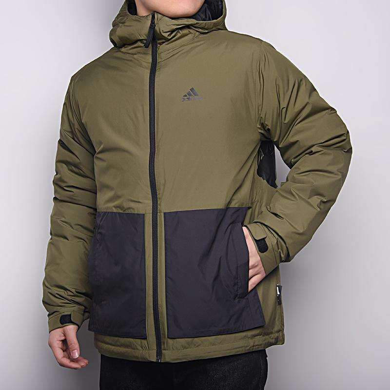 Adidas Colorblock Logo Print Hooded Down Jacket Men Outerwear Army-Green H23085