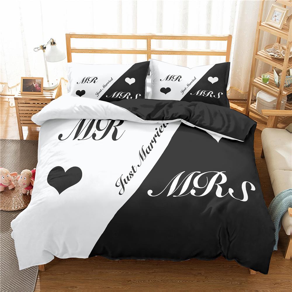 Lover Couples King Queen Duvet Cover Black And White Printed Bedding Set For Adults Valentine's Day Bedroom Decor Quilt Cover