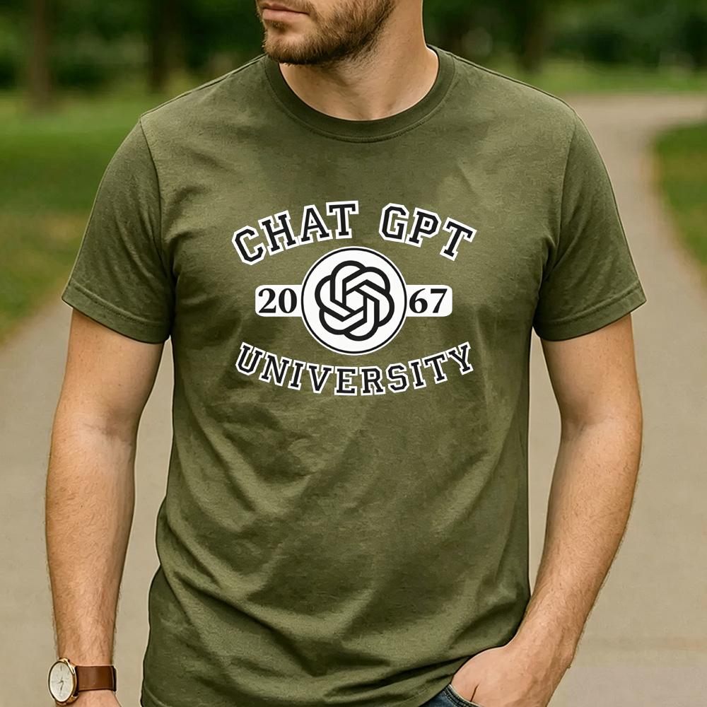 Chat GPT University Twist Knot Est 2067 Graphic T Shirt Unisex Crew Neck Short Sleeve Tech Geek Holiday Gift Tee