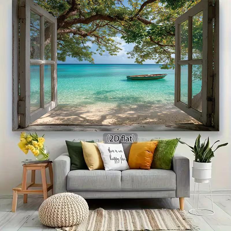 2D Coastal Window View Tapestry, Turquoise Sea & Boat Background Cloth