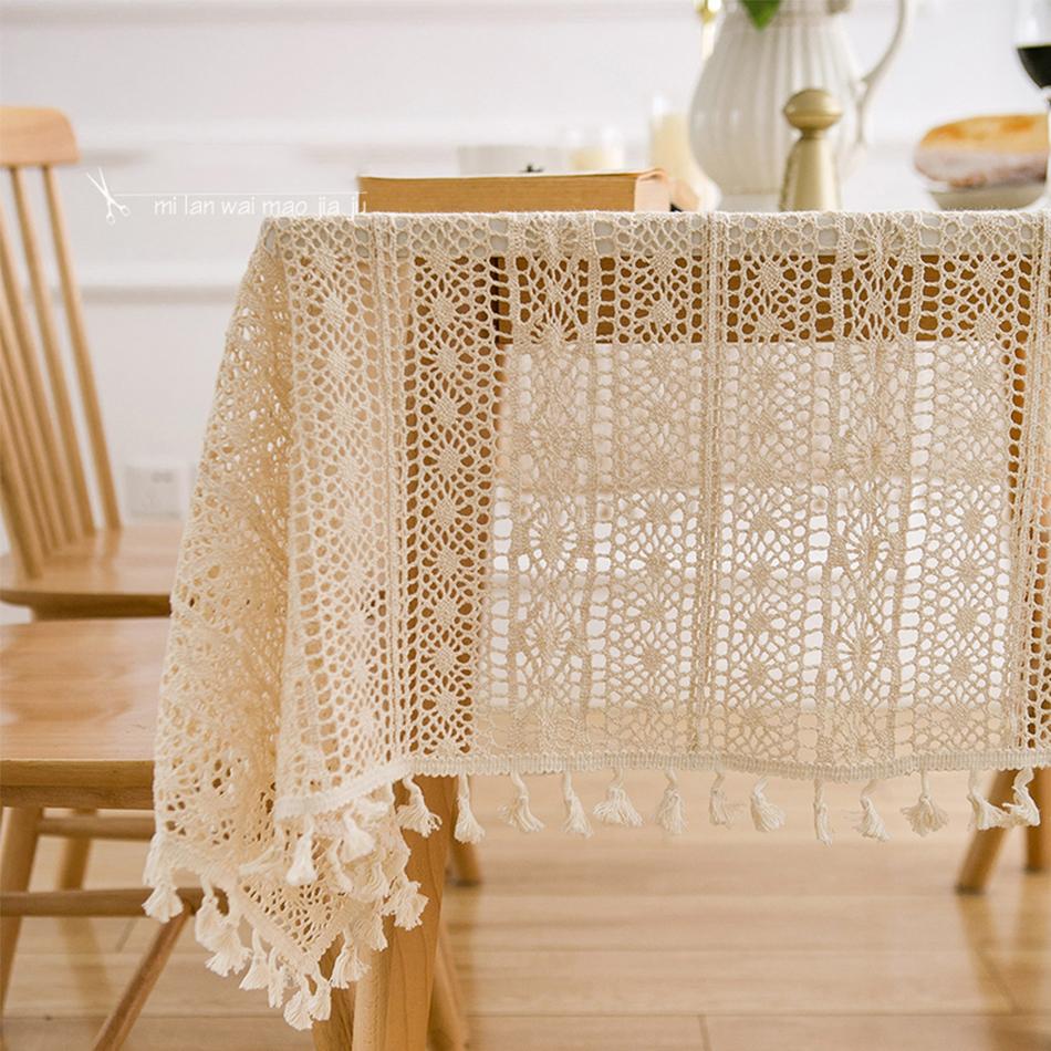 Cotton Weave Tablecloth,With Tassel Rectangle Hollow Lace Table Cloths for Kitchen Party Holiday Christmas Dining Table Decor
