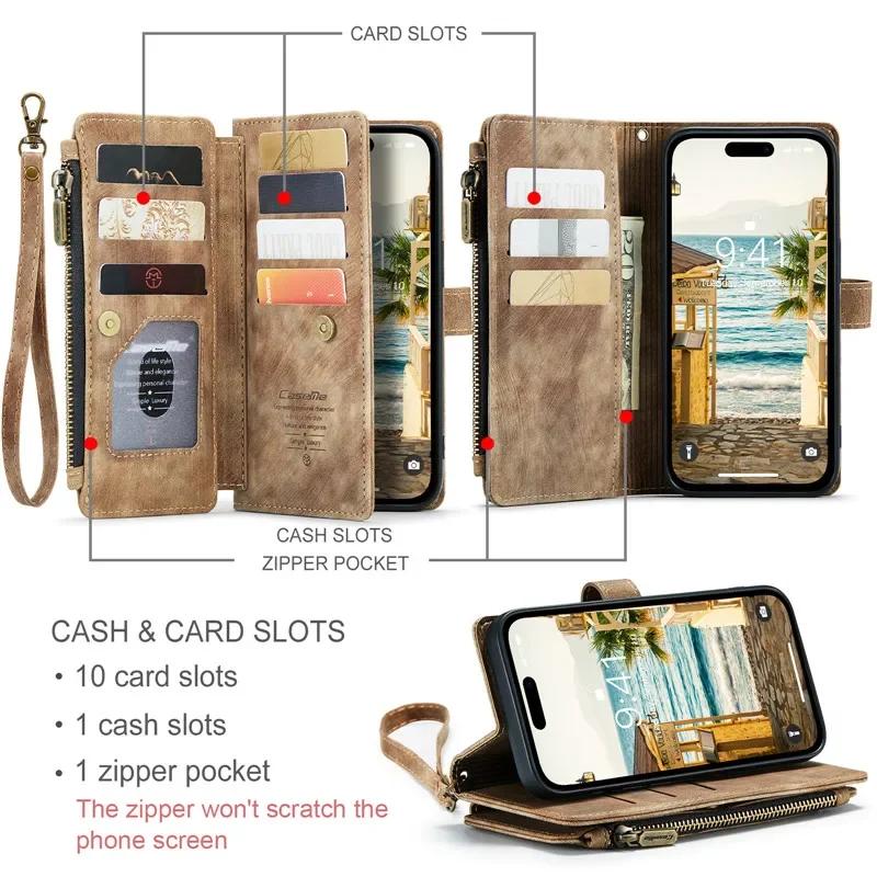 Lanyard Leather Wallet Card Phone Case For iPhone 18 Pro Max 17 Air 17E 16 Plus 16E 15 14 12 13 11 XS XR X Zip Flip Stand Cover