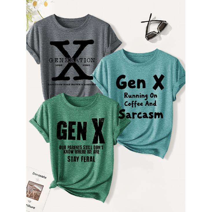 3 Pack of women's summer tops | Gen X Modern American-style slogan print T Shirt | Cute and trendy casual round-neck short-sleeve suit | 2026 Summer