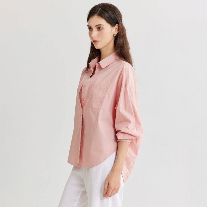 Womens Long Sleeve Cotton Shirt 2026 Loose Fit POLO Collar Minimalist Office Wear Pure Color