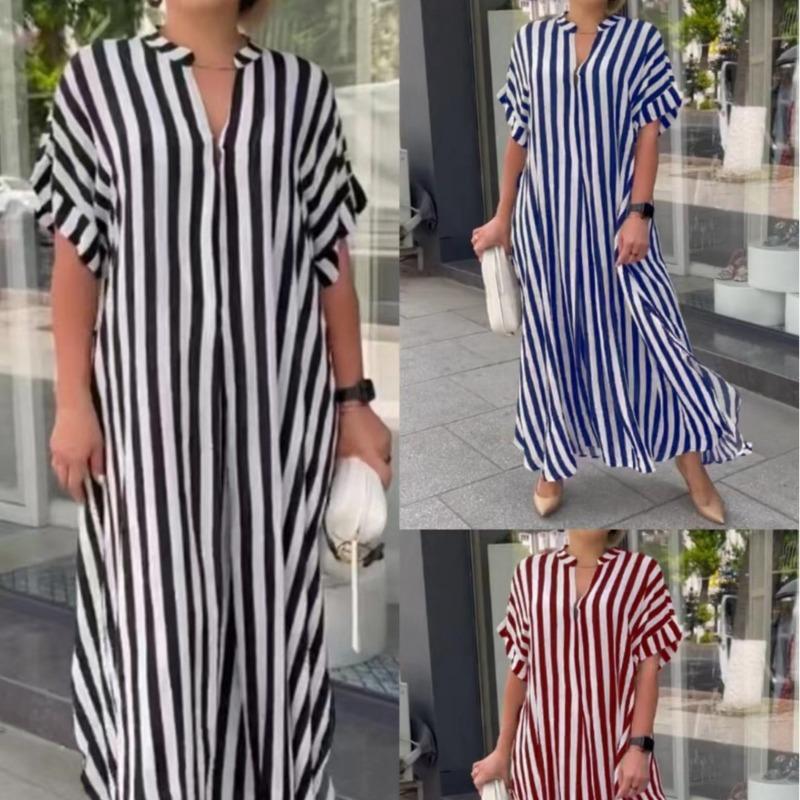 Women's Fashion Side Slit Striped Cardigan Women's Short-sleeved Dress