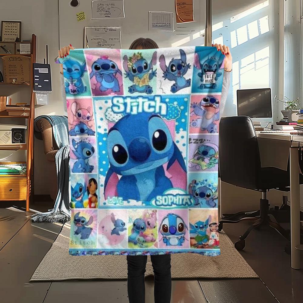 Stitch Multiple Expressions Grid Collage Pink Blue Background Print Flannel Blanket Soft Warm Throw Blanket Sofa Bedroom Decor Gift