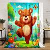 Happy Bear In a Colorful Meadow Scene Patterned Flannel Blanket Perfect for the Bedroom Living Room, Sofa, or a Little Nap