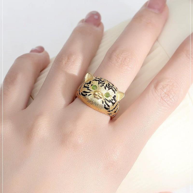 Adjustable Open Ring Men Women Vintage Cat Animal Design Sterling Retro Jewelry