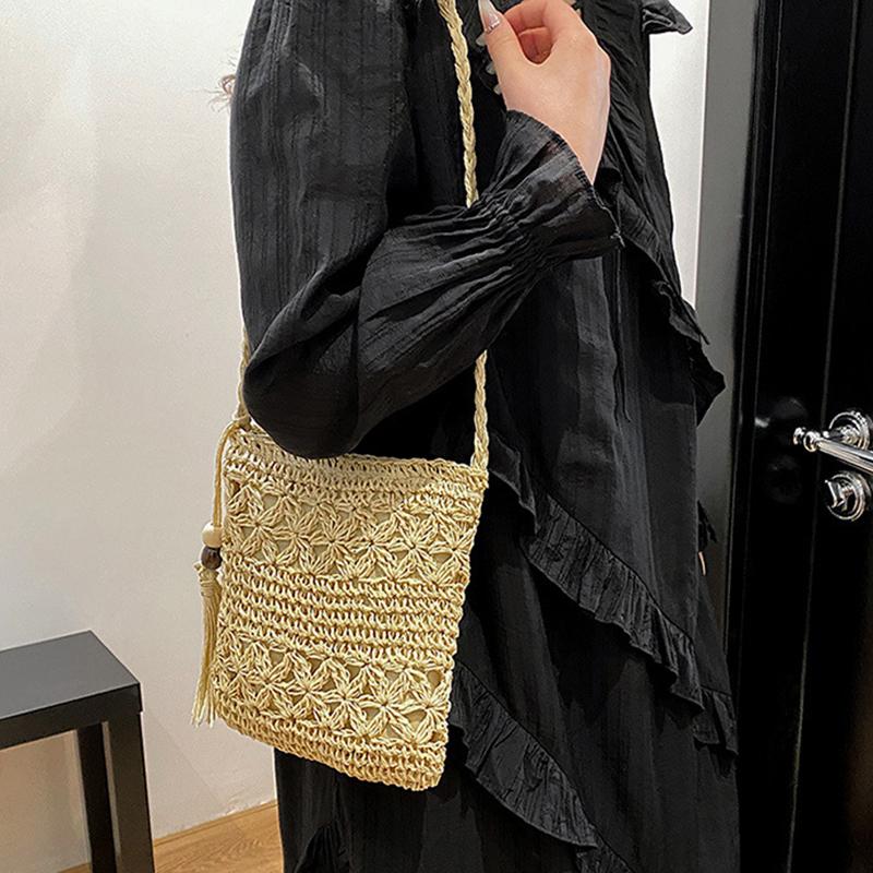 Poșetă pentru femei, cu umăr țesut din paie, pentru plajă, cu ciucuri, boho, cu croșetat, poșetă de mână, poșetă