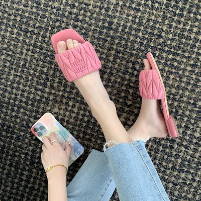 Summer Fashion Non-slip Square Head Miu Home Letter Flat Bottom Outer Slippers