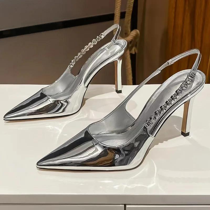 Fashion Sexy High Heels Crystal Sandals Slingback Women Pumps Metallic Pointy Toe Stiletto Heeled Shoes Silver Party Dress Woman Shoes