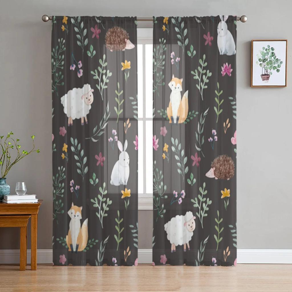 Window Cartoon Birch White Fox Curtains Living Room Tulle Curtains Kitchen Decor Kids Room Curtain Window Treatment
