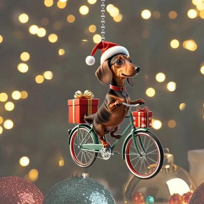 1pc, Riding Dog Acrylic Ornaments, Holiday Vintage Bicycle With Gift Car And Bag Key Chain Decoration