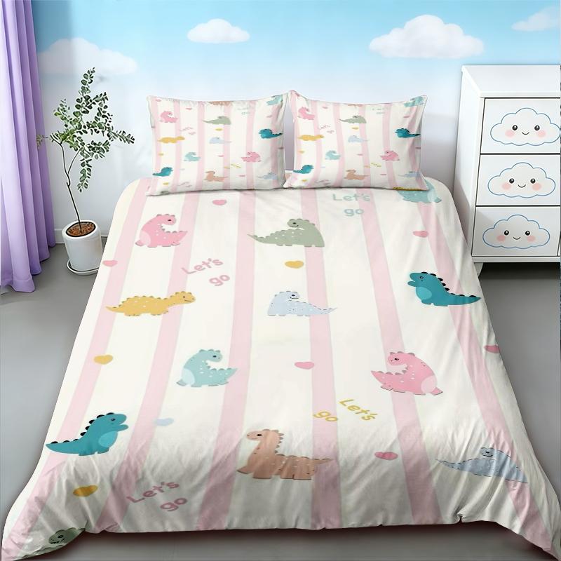 Duvet Cover 3pcs Cartoon Cute Color Dinosaur Print Coreless Down Duvet Cover Set, Multi Size Bedding Decoration, soft beautiful
