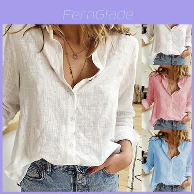 Cotton Linen Casual Long Sleeve Shirt For Women With Spliced Design And Loose Fit For Spring Season