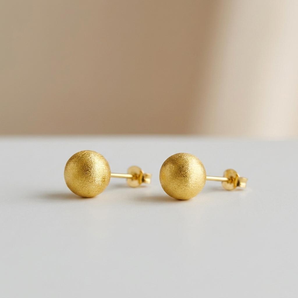Custom 18K/21K Solid Gold Brushed Ball Korean Stud Earrings for Women Matte Round Fine Jewelry Minimalist Stud Earring