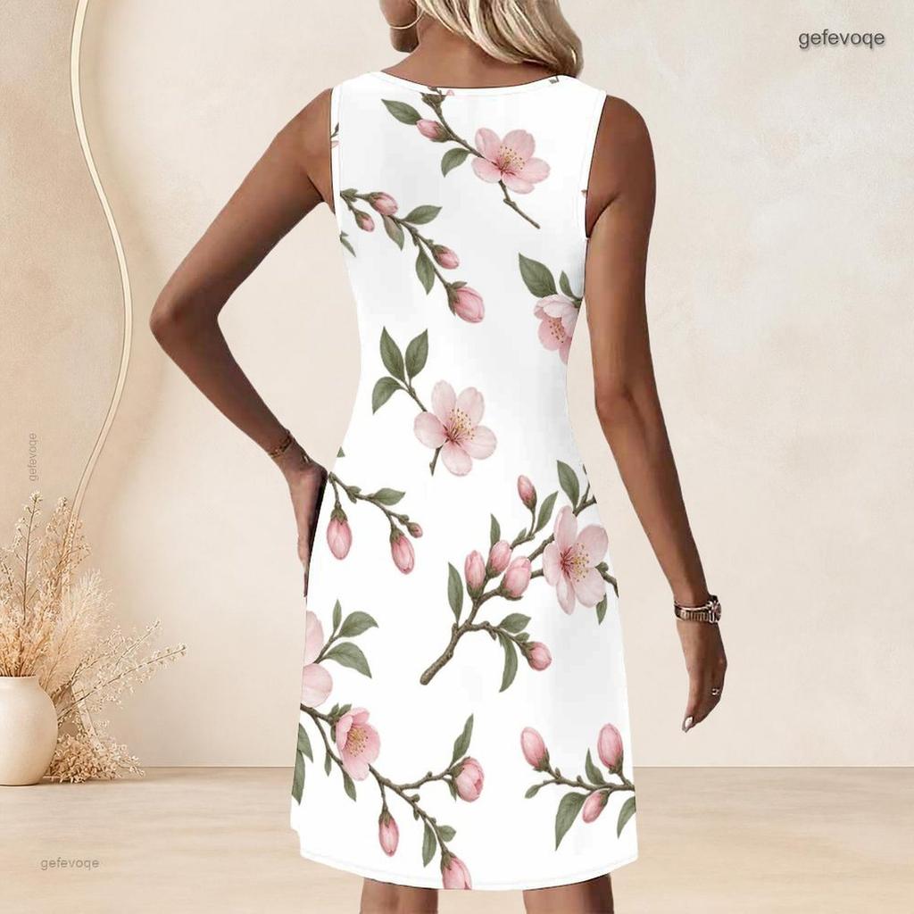 Women Plus Size Sleeveless Round Neck Ring Keyhole White Floral Printed A Line Dress