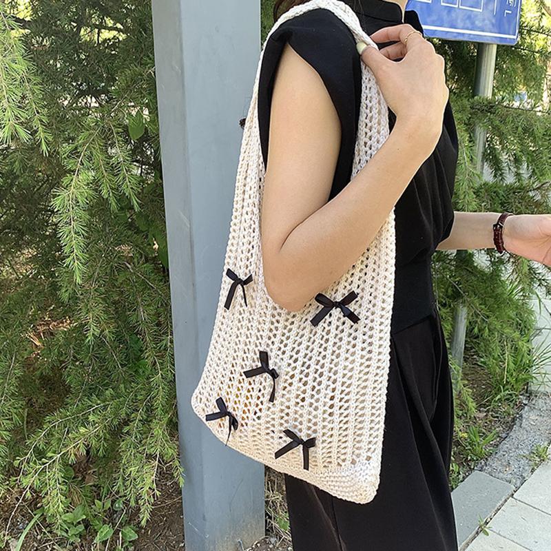 Yogodlns Bow Design Knitting Shopper Shopping Bag Female Shoulder Bags For Women Korean Fashion Soft Handbags Trend Travel Tote Bag