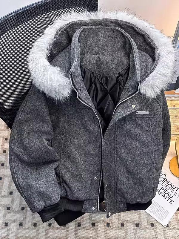 Zuoshandiao Unisex Hooded Wool Jacket with Fur Collar - Warm, Thick Cotton Outerwear for Autumn/Winter
