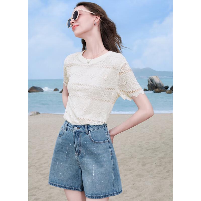Baitu Women's Lace Wave Hem Short Sleeve Top