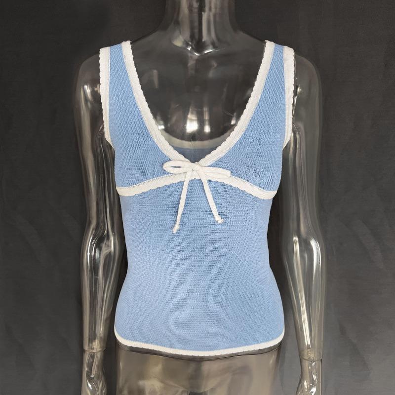 Summer Sleeveless Knit Crop Top Women Deep V Neck Sexy Backless Bow Vest Ladies Street Casual Tops Vacation Knitwear Tank Top 2024 New Fashion