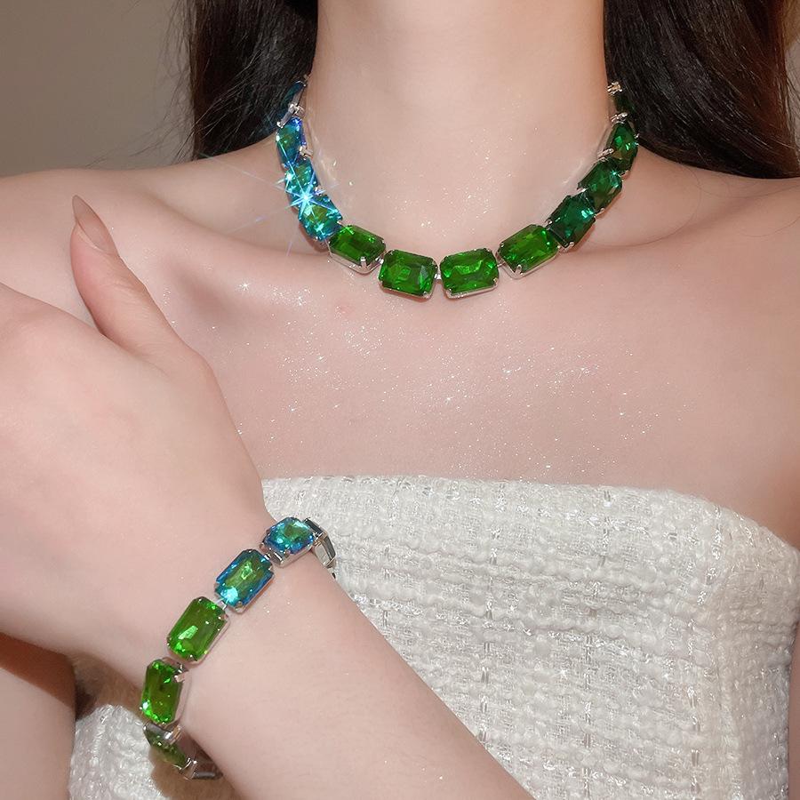 Elegant Rhinestone Geometric Earring and Necklace Set with Color Block Design