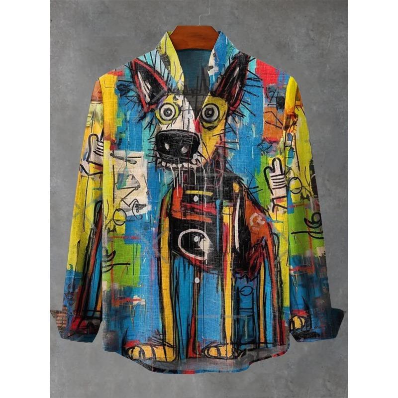 Moda Uomo Primavera/Estate Stile Graffiti Manica Lunga Lino Camicia Color Block Casual Street Trendy Abbigliamento