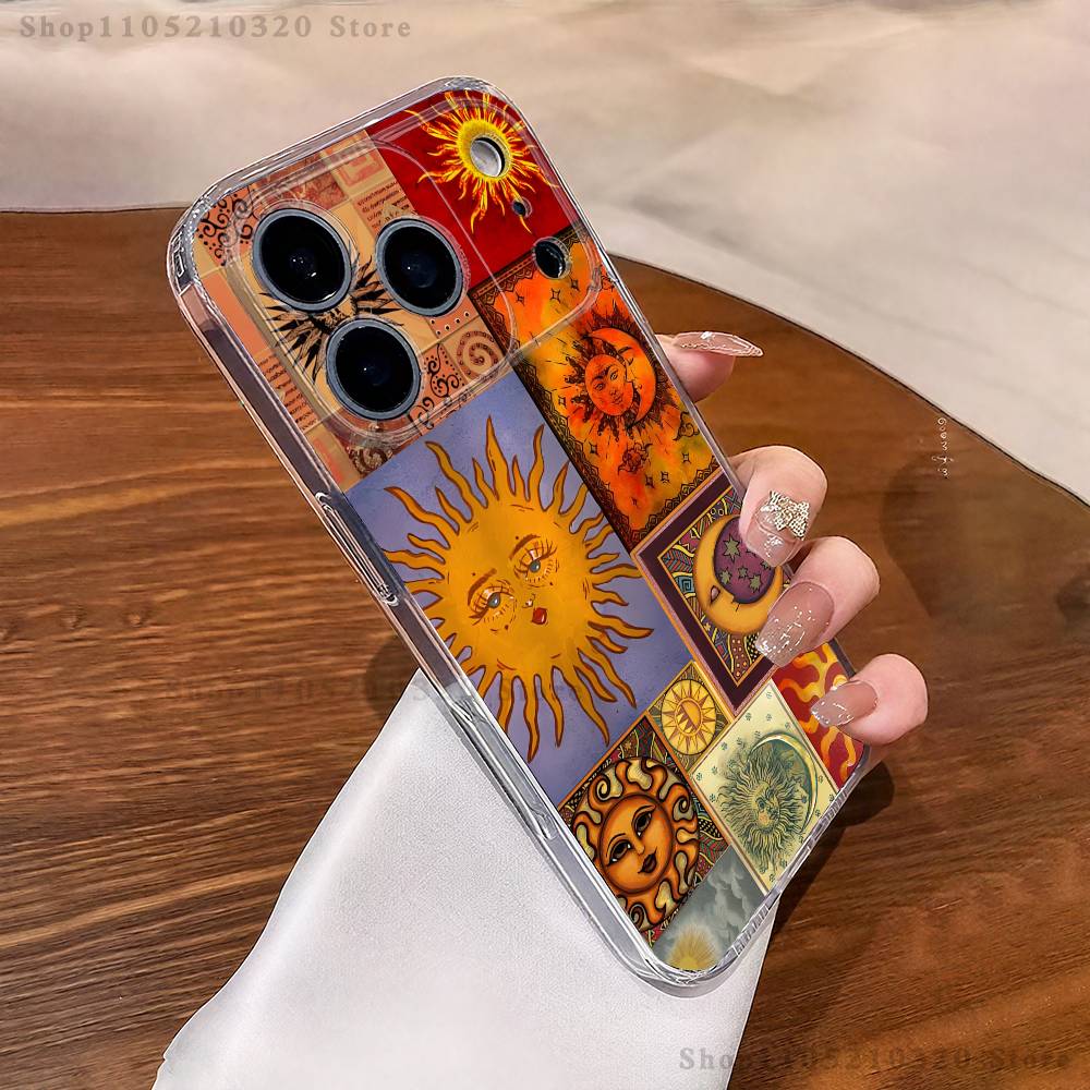 Aesthetic Print Sun Moon Phone Case For iPhone 17,16,15,14,13,12,11 Pro,Max,Plus,XR,Mini,E Clear Full-coverage Soft Cover