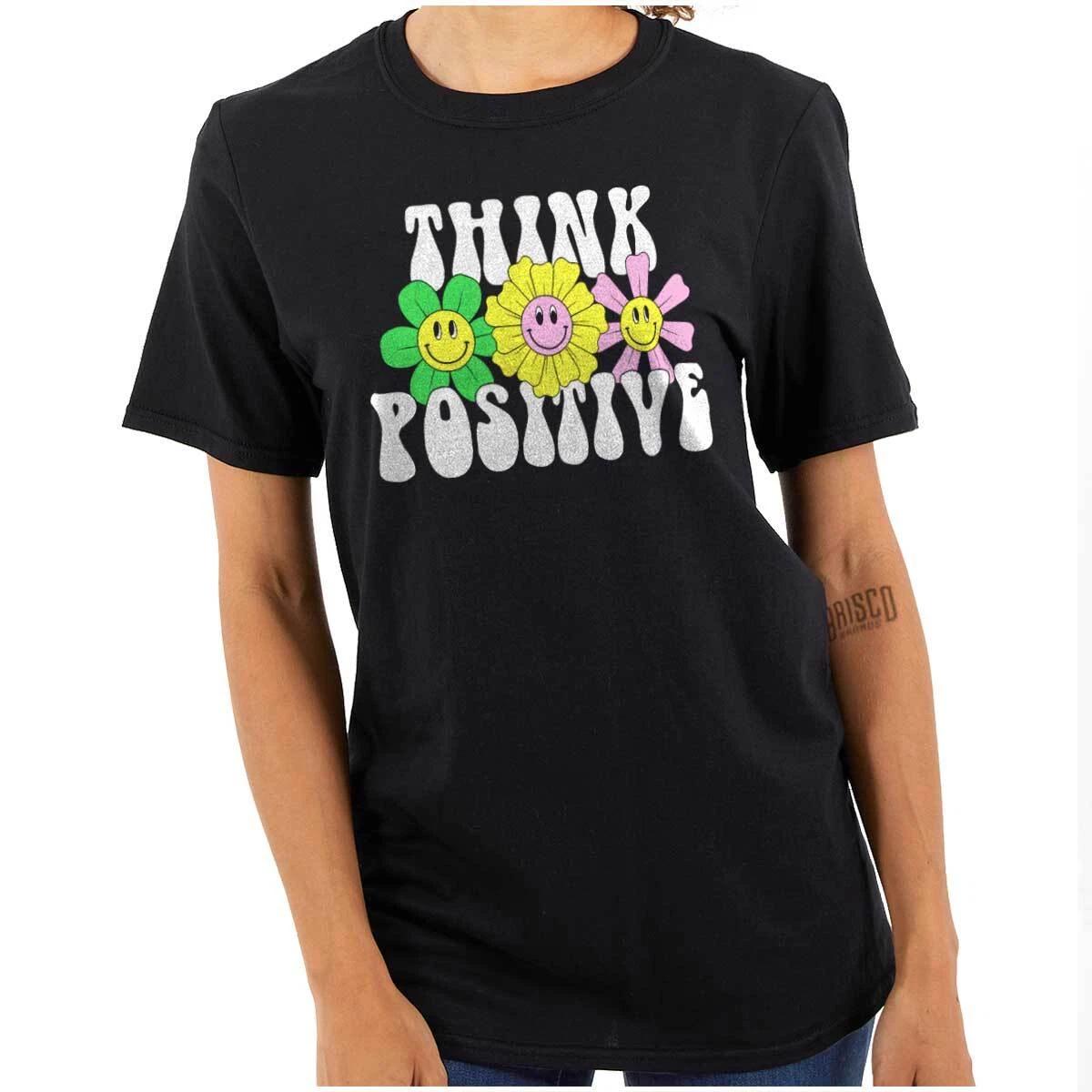 Inspirational Happy Flowers Think Positive Womens Graphic Crewneck T Shirt Tee L