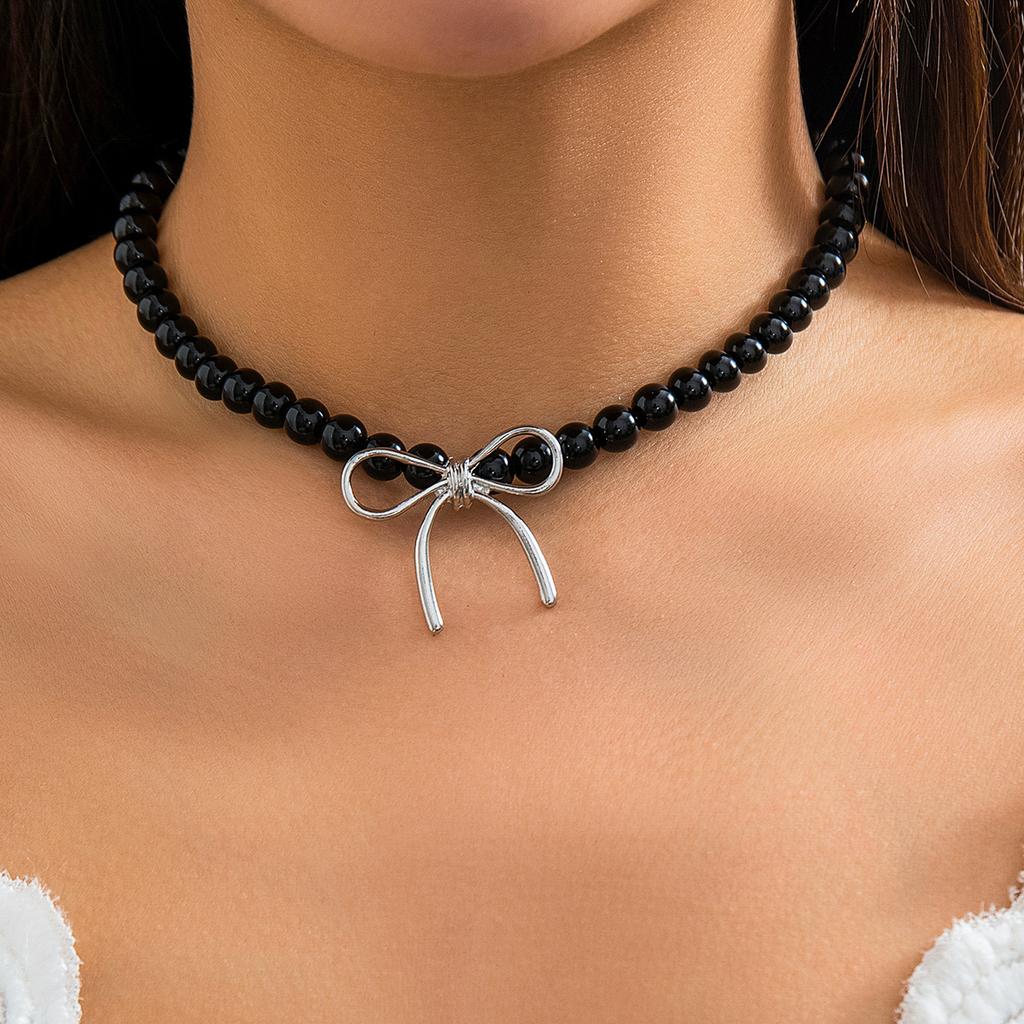 Vintage Bowknot Choker Beads Necklace Stylish Neck Jewelry Beads Statement Accessories