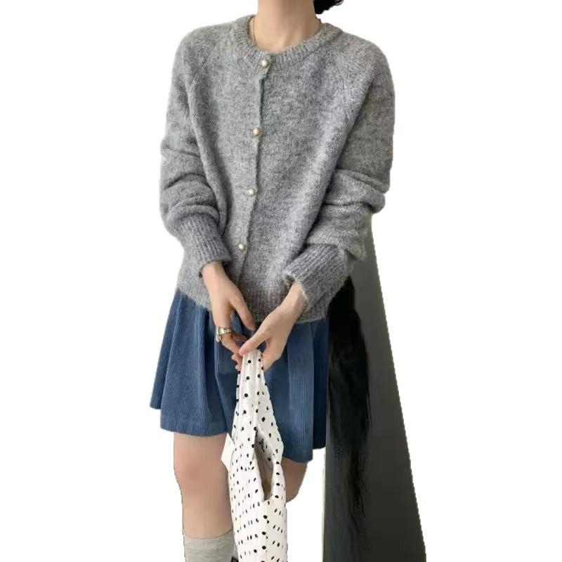 Long-haired Hairy Round Neck Cardigan Women's Early Spring New Korean Single-breasted Shoulder-plugged Long-sleeved Knitted Outer Women