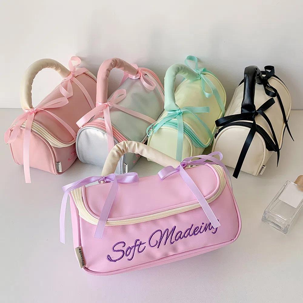 Desktop Storage Bow Stationery Bag PU Leather Bow Pencil Pouch Kawaii Y2K Bow Storage Bag Office