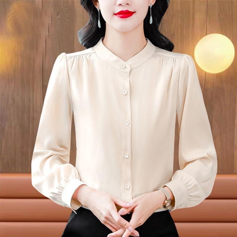Dames satijnen blouse met mandarijnkraag, pofmouwen en lange mouwen, kantoorwerkshirt