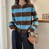 Women's Color Block Wool Cardigan - Autumn/Winter Round Neck Knit Sweater with Contrast Stripes