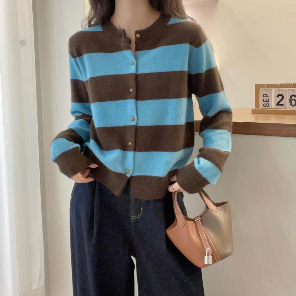 Women's Color Block Wool Cardigan - Autumn/Winter Round Neck Knit Sweater with Contrast Stripes