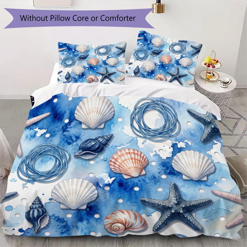 Beach Seagull Shell Pattern Bedding uilt Set uilt Cover Pillowcase Home Decoration Birthday Gift (1 * duvet cover + 2 * pillowcase without core)