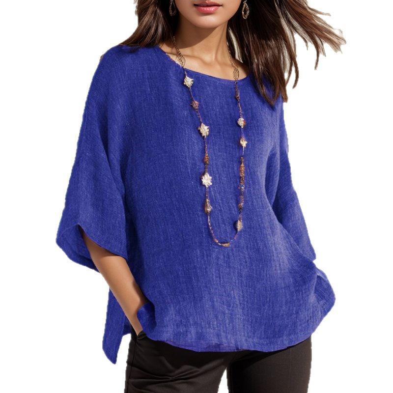 Women's Retro Cotton Linen Seven-Sleeve Shirt - Round Neck Top