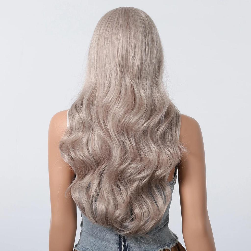 ALAN EATON Light Ash Blonde Wavy Synthetic Wigs Long Ombre Fake Hair Wave Wig with Bangs Heat Resistant Daily Wig for Women Use