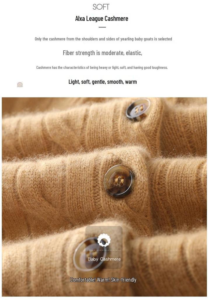 Women's 100% Pure Cashmere Round Neck Cable Knit Cardigan Sweater